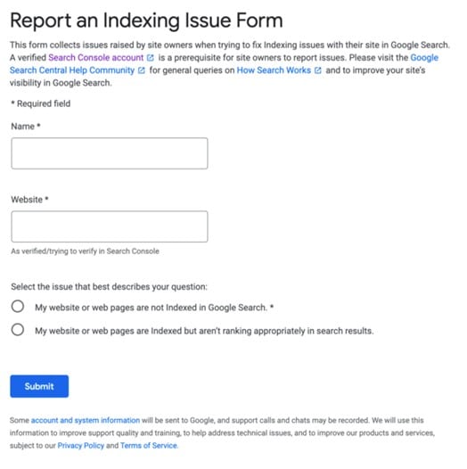 Report and Indexing Issue Form